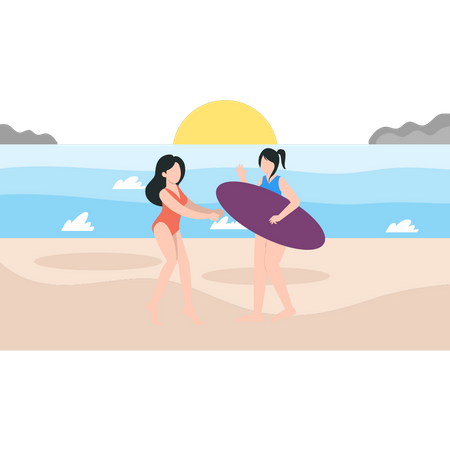 Las chicas van a surfear.  Ilustración