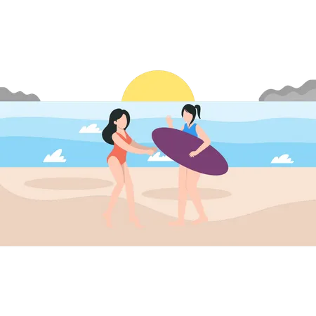 Las chicas van a surfear.  Ilustración