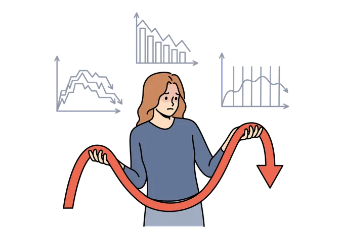 Las inversiones fallidas causan emociones negativas en una mujer que se encuentra entre los gráficos en declive  Ilustración