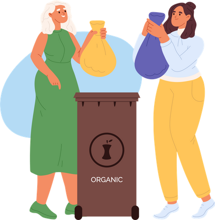 Las mujeres arrojan residuos orgánicos clasificados en un contenedor de basura  Ilustración