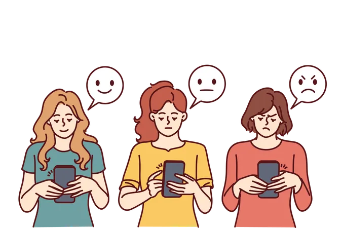 Las mujeres están charlando por teléfono con diferentes emojis.  Ilustración