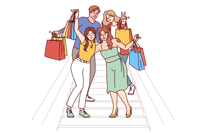 Las mujeres son felices mientras compran.  Ilustración