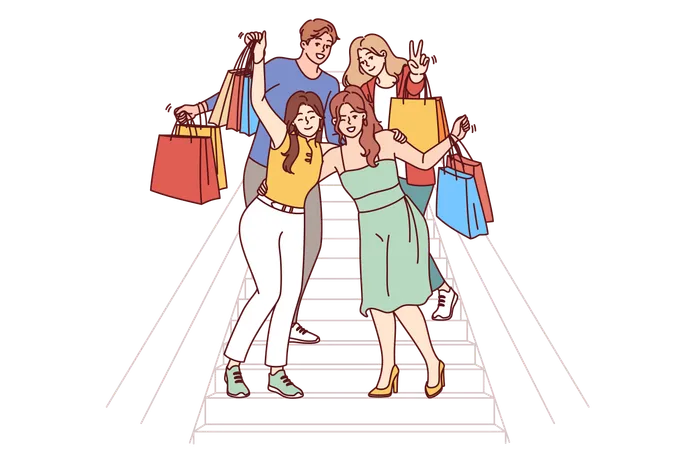 Las mujeres son felices mientras compran.  Ilustración