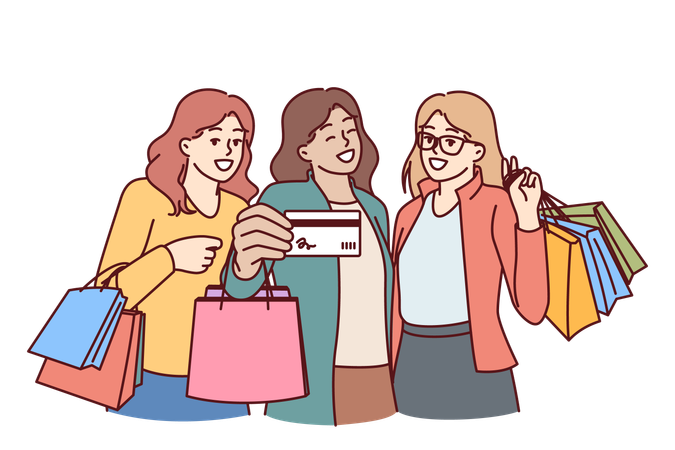 Las mujeres son felices mientras hacen compras.  Ilustración