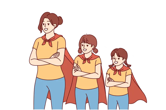 Las niñas de la familia están disfrazadas de superhéroe.  Ilustración