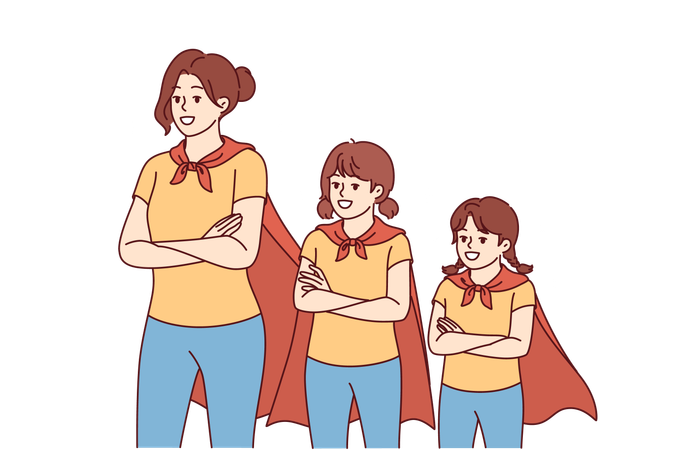 Las niñas de la familia están disfrazadas de superhéroe.  Ilustración