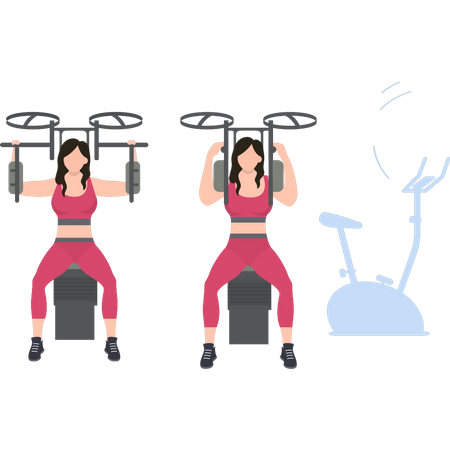Las niñas hacen ejercicio usando una máquina de gimnasio.  Ilustración