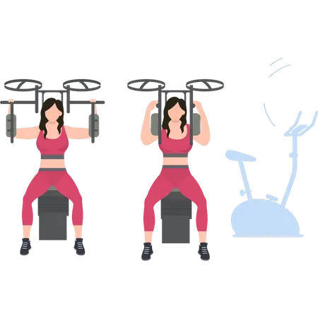 Las niñas hacen ejercicio usando una máquina de gimnasio.  Ilustración