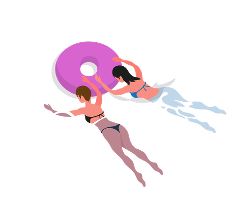 Las niñas nadan usando un anillo inflable.  Ilustración