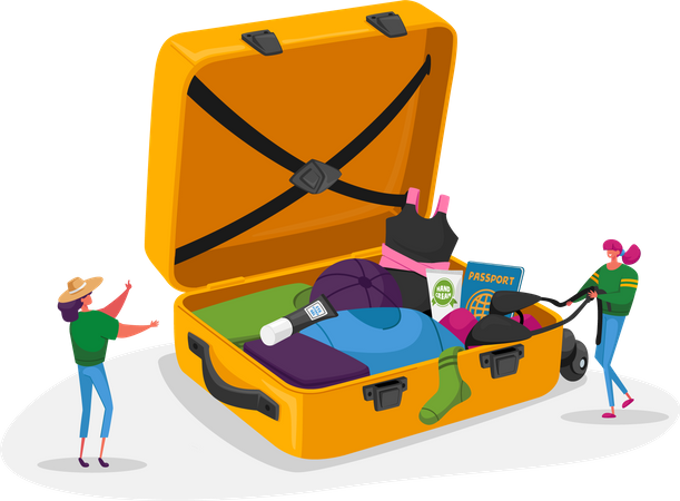 Las niñas sacan ropa o accesorios de viaje de la maleta después de un viaje de vacaciones  Ilustración