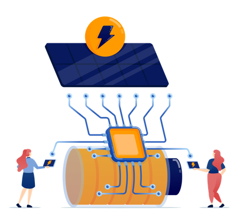 Las personas acceden a energía limpia y eficiente con baterías alimentadas por energía solar utilizando tecnología de chips e inteligencia artificial.  Ilustración