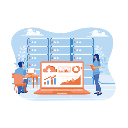 La gente almacena archivos en centros de datos conectados a la nube  Ilustración