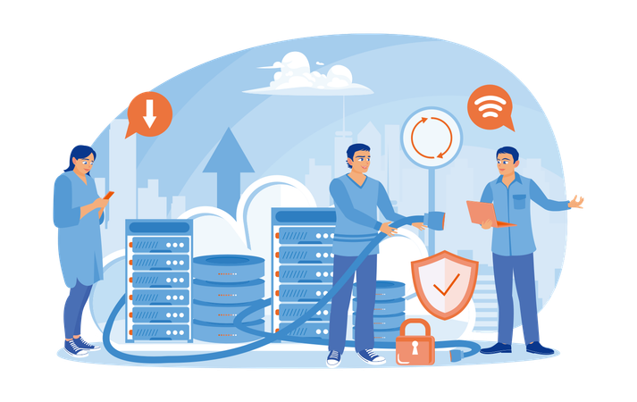 Las personas almacenan datos en computadoras portátiles conectadas a servidores y comunicación en equipo.  Illustration