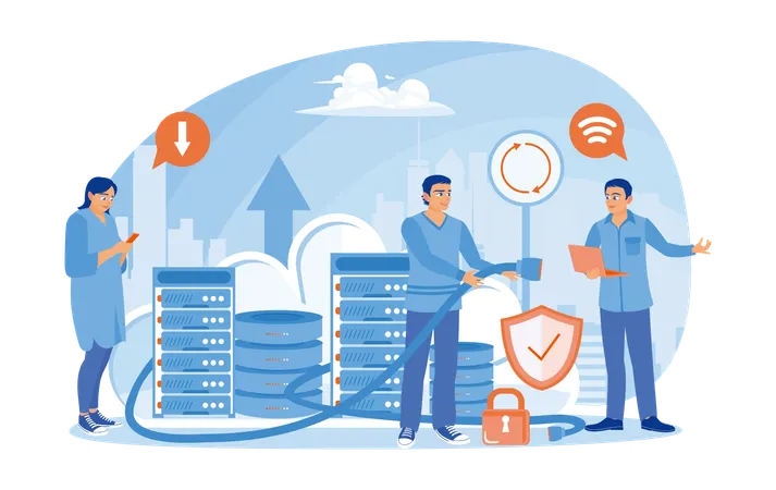 Las personas almacenan datos en computadoras portátiles conectadas a servidores y comunicación en equipo.  Illustration