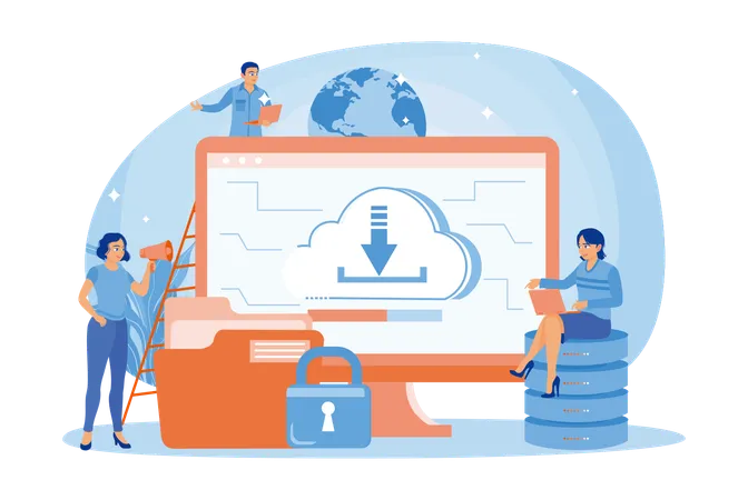 Las personas almacenan datos en servidores en la nube y cargan información en la computadora  Ilustración