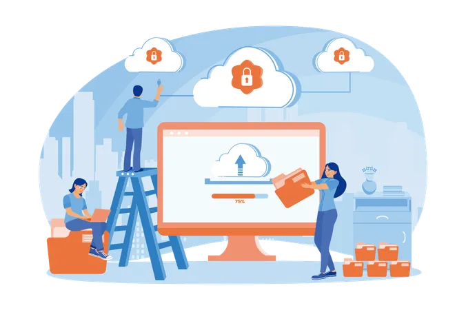 La gente carga datos en las computadoras mientras almacena archivos en el centro de datos  Ilustración