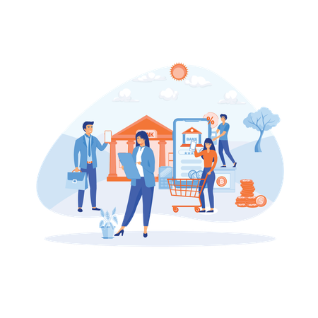 Las personas de oficina usan teléfonos inteligentes para pagos móviles por Internet, transferencias y depósitos.  Ilustración