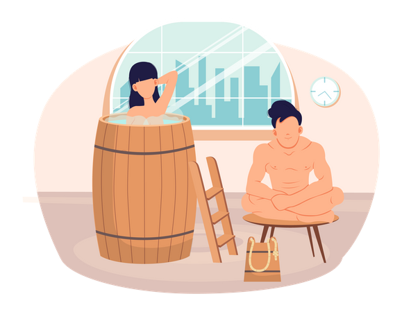 Las personas en relación descansan en la sauna. La pareja se baña y pasa un tiempo romántico juntos  Ilustración