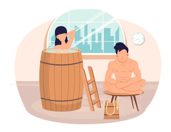 Las personas en relación descansan en la sauna. La pareja se baña y pasa un tiempo romántico juntos  Ilustración