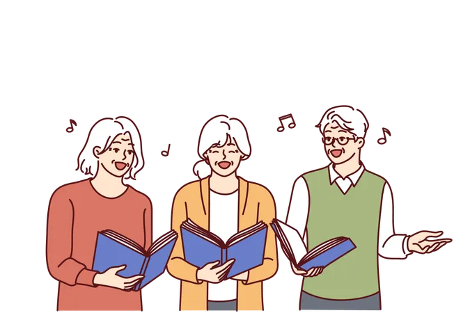 Las personas mayores cantan canciones en forma de libro de música.  Ilustración