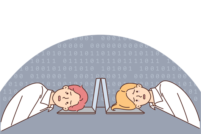 Las víctimas del ataque de los piratas informáticos ponen sus cabezas en el teclado después de piratear el servidor y perder datos  Ilustración