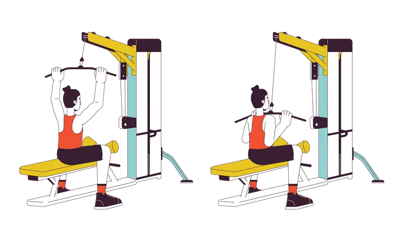 Muscle Building With Lat Pulldown Machine Flat Line Vector Spot Illustration Sportsman 2 D Cartoon Outline Character On White For Web UI Design Back Exercises Editable Isolated Color Hero Image Illustration