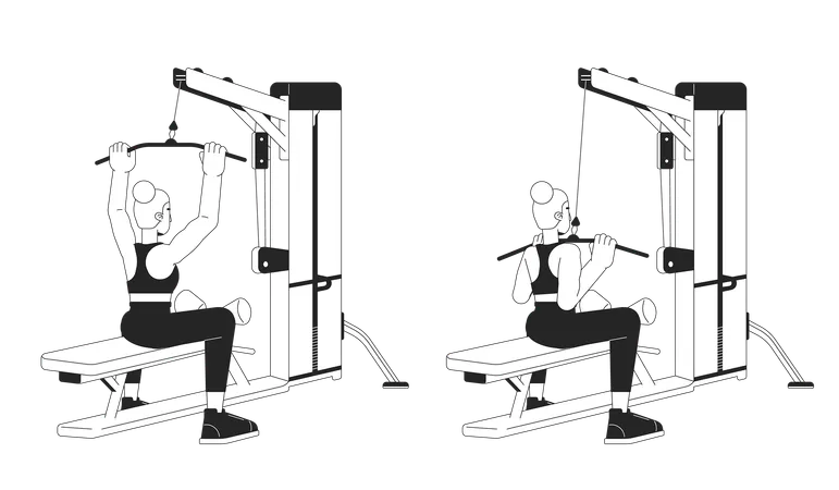 Working Out On Lat Pulldown Machine Bw Vector Spot Illustration Female 2 D Cartoon Flat Line Monochromatic Character For Web UI Design Upper Body Strength Workout Editable Isolated Outline Hero Image Illustration