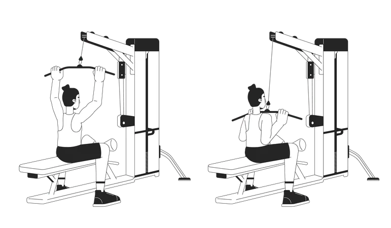 Muscle Building With Lat Pulldown Machine Bw Vector Spot Illustration Sportsman 2 D Cartoon Flat Line Monochromatic Character For Web UI Design Back Exercises Editable Isolated Outline Hero Image Illustration