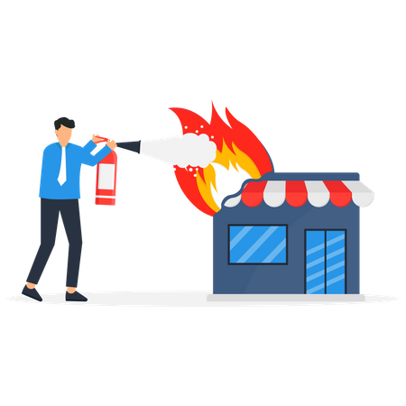 Le magasin en feu est éteint à l'aide d'un extincteur  Illustration