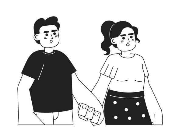 Latin American Husband Wife Holding Hands Black And White 2 D Cartoon Characters Hispanic Young Adults Couple Opened Mouth Isolated Vector Outline People Romantic Monochromatic Flat Spot Illustration Illustration