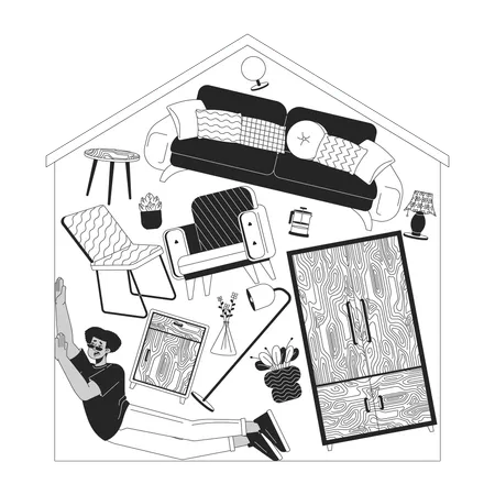 Latin American Man Buried Under Belongings At Home Black And White 2 D Linear Illustration Concept Hoarding Cartoon Scene Background Overconsumption Monochrome Metaphor Abstract Flat Vector Graphic Illustration