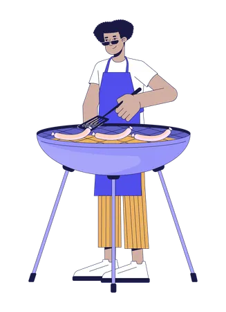 Latin American Man Cooking Barbeque 2 D Linear Cartoon Character Guy Grilling Sausages On Brazier Isolated Line Vector Person White Background Cookout Party Color Flat Spot Illustration Illustration
