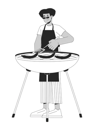 Latin American Man Cooking Barbeque Black And White 2 D Line Cartoon Character Guy Grilling Sausages On Brazier Isolated Vector Outline Person Cookout Party Monochromatic Flat Spot Illustration Illustration