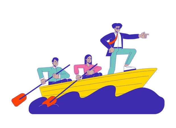 リーダーが道を示す漫画のフラットイラスト。ラテンアメリカ人男性がボートを先導し、同僚が漕いでいる 2 Dラインアートキャラクターが白い背景に分離されています。チームワークシーンベクトルカラー画像 イラスト