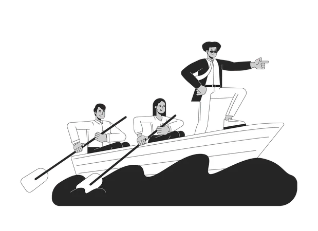 リーダーが道を示す白黒漫画フラットイラスト。ラテンアメリカ人男性がボートを先導し、同僚が漕いでいる 2 D線画キャラクターが分離されています。チームワークシーンベクトルカラー画像 イラスト