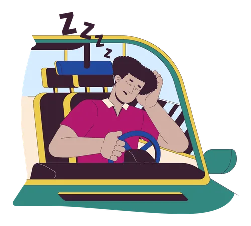 Latin Man Falling Asleep While Driving Line Cartoon Flat Illustration Tired Hispanic Male Driver At Steering Wheel 2 D Lineart Character Isolated On White Background Accident Scene Vector Color Image イラスト