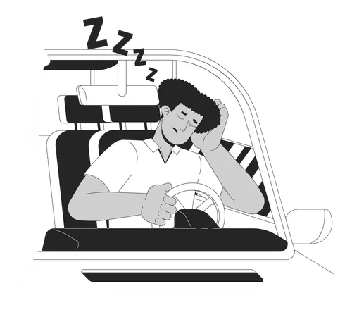 Latin Man Falling Asleep While Driving Black And White Cartoon Flat Illustration Tired Hispanic Male Driver 2 D Lineart Character Isolated Accident Monochrome Scene Vector Outline Image Illustration
