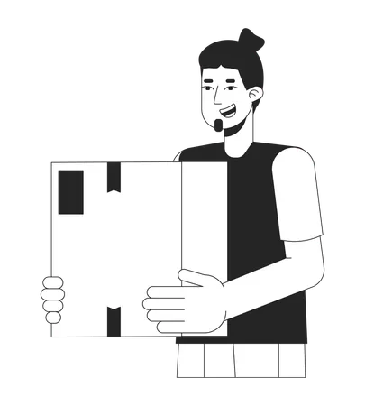 Excited Caucasian Guy Holding Cardboard Box Black And White 2 D Line Cartoon Character European Smiling Man Receiving Package Isolated Vector Outline Person Monochromatic Flat Spot Illustration Illustration