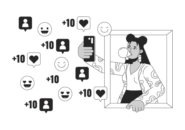 Latina Girl Taking Selfie For Social Media Black And White 2 D Line Cartoon Character Hispanic Woman Smartphone Isolated Vector Outline Person Fashion Influencer Monochromatic Flat Spot Illustration Illustration