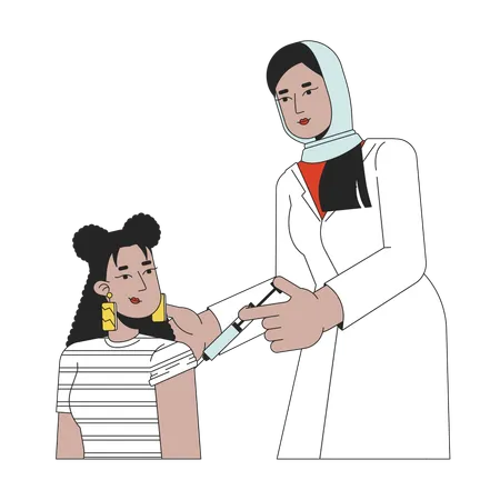 Latina Student Vaccination Female Doctor 2 D Linear Cartoon Characters Muslim Hijab Medic Procedure Injecting Isolated Line Vector People White Background Vaccine Color Flat Spot Illustration Illustration