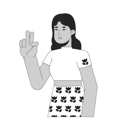 Latina Young Adult With Two Fingers Up Black And White 2 D Line Cartoon Character Hispanic Lady Selfie Taking Isolated Vector Outline Person Nonverbal Gesture Monochromatic Flat Spot Illustration Illustration