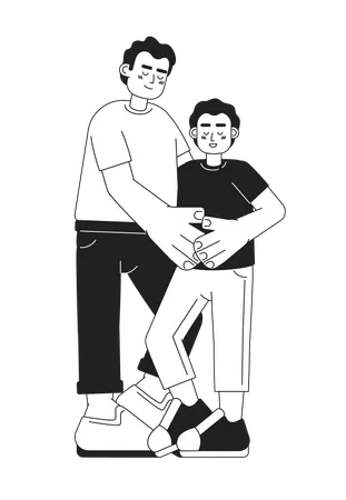 Latino Father Hugging Young Preteen Son Monochromatic Flat Vector Characters Positive Parent With Child Editable Thin Line People On White Simple Bw Cartoon Spot Image For Web Graphic Design Illustration