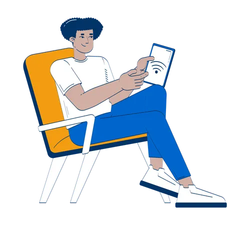Latino man controlling smart devices via tablet  Illustration