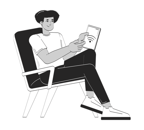 Latino man controlling smart devices via tablet  Illustration