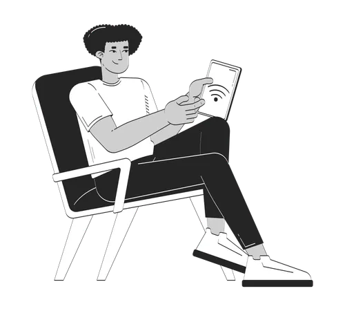 Latino man controlling smart devices via tablet  Illustration