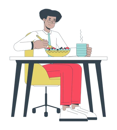 Latino Man Employee Eating Healthy Food 2 D Linear Cartoon Character Male Latin American Office Worker Isolated Line Vector Person White Background Company Lunchtime Color Flat Spot Illustration Illustration
