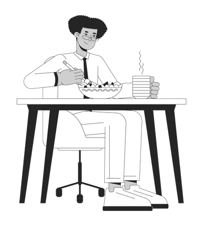 Latino Man Employee Eating Healthy Food Black And White 2 D Line Cartoon Character Male Latin American Worker Isolated Vector Outline Person Company Lunchtime Monochromatic Flat Spot Illustration Illustration