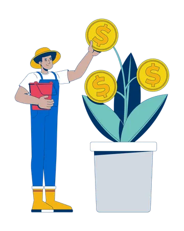 Latino man farmer growing coin plant  Illustration