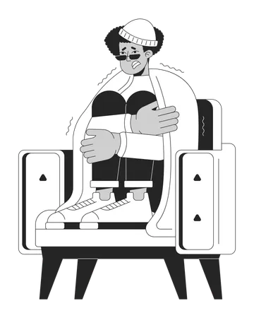 Latino Man In Armchair Sitting Under Blanket Black And White 2 D Line Cartoon Character Freezing Guy Shivering Isolated Vector Outline Person Cold Temperatures Monochromatic Flat Spot Illustration Illustration