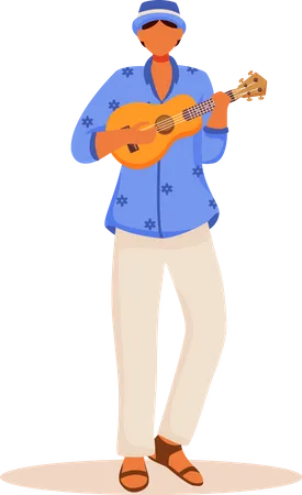 Latino Man In Blue Shirt And Pants Flat Color Vector Faceless Character Brazil Carnival Ethnical Music Traditional Holiday Standing Male Playing On Ukulele Isolated Cartoon Illustration For Web Graphic Design And Animation イラスト